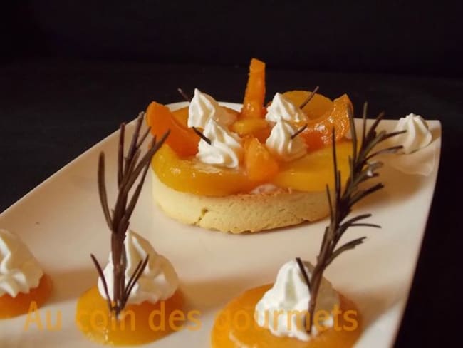 Tartelettes crème diplomate Pêches et Abricots pochés au romarin, Chantilly au sirop