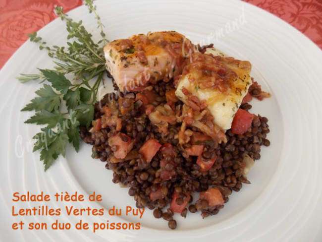 Salade tiède de lentilles vertes du puy et son duo de poissons