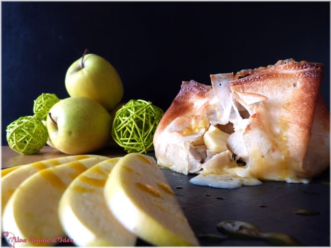 Aumônière boudin blanc, pommes Granny Smith et camembert