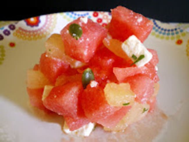 Salade de pastèque, tomates jaunes et feta