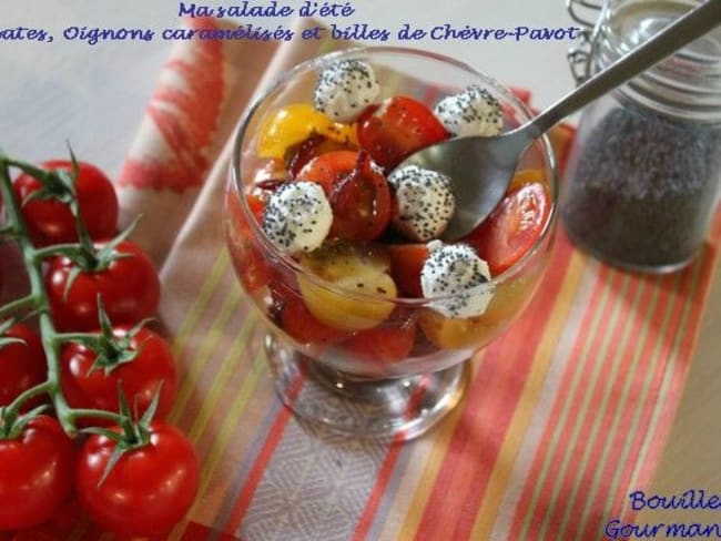 Salade d'été : Tomates, Oignons Caramélisés et Billes de Chèvre-Pavot