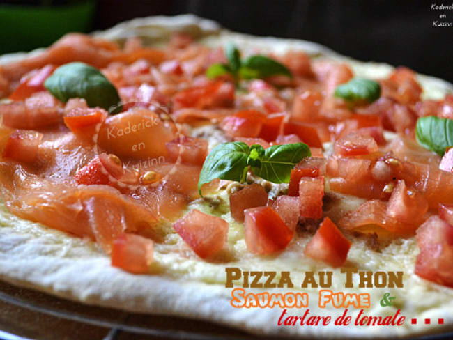 Pizza au thon, saumon fumé, tartare de tomate à la plancha - Snack