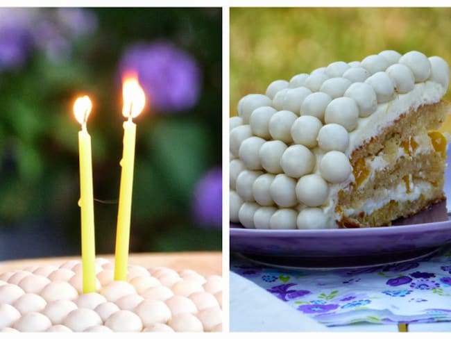 Gâteau d'anniversaire mangue, chocolat blanc et Maltesers