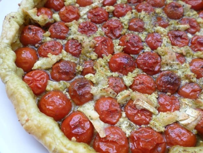 Tarte tomates cerises, pesto et chèvre