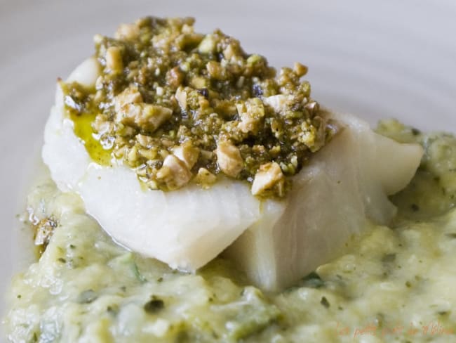 Cabillaud, pesto de pistaches, purée de courgettes au parmesan