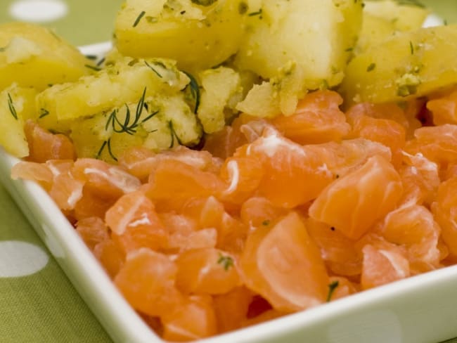 Saumon Gravlax, Pommes de terre froides et Pesto à la pistache