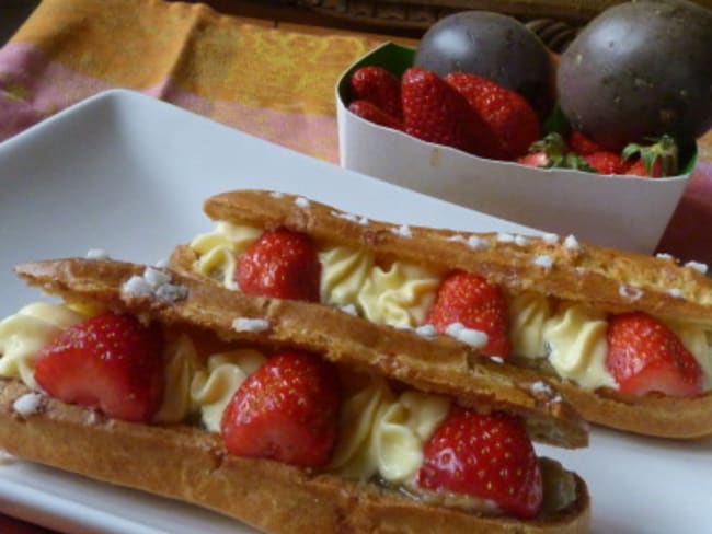 Eclairs rhubarbe, fruit de la passion, fraises