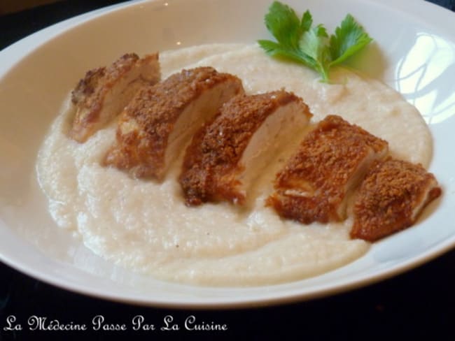 Poulet pané au speculoos et purée de chou-fleurs noisettes