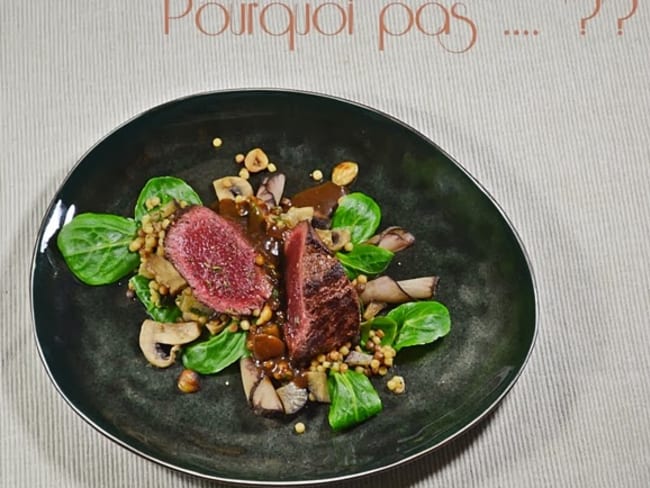 Filet de Faon - Fregola Sarda, poire de terre, mâche et champignon