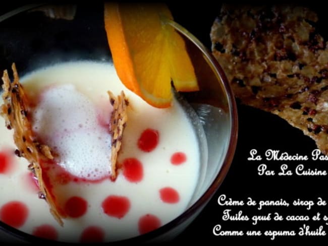 Crème de panais sucrée, sirop de betterave, tuile grué et espuma à l'orange