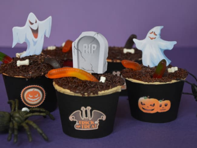 Cupcakes aux vers de terre pour Halloween (Chocolat banane)