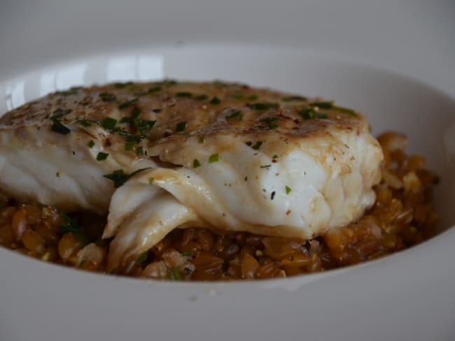 Dos de cabillaud laqué au soja et miel et risotto de petit épeautre