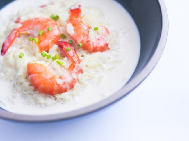 Risotto aux crevettes, émulsion lait de coco citron vert