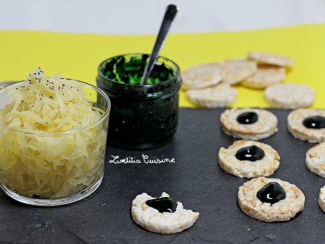 Salade de choucroute crue au citron, ail et gingembre et tartines de crème de spiruline à l’orange sanguine