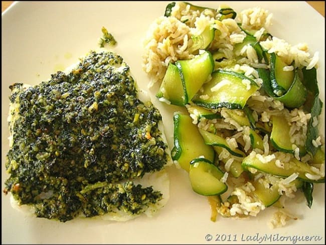 Cabillaud au pesto et sa timbale de riz complet