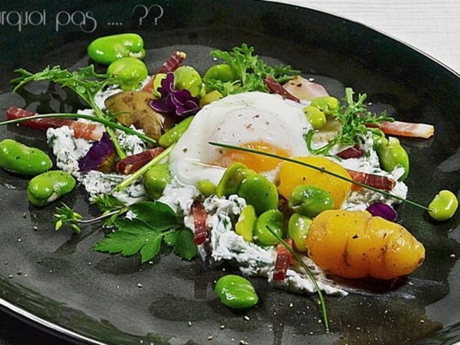 Salade composée fèves, ocas, chèvre, oeuf