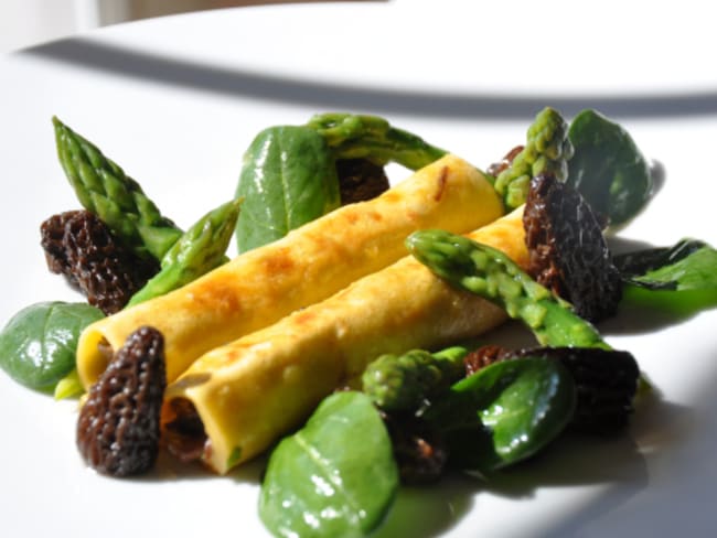 Cannellonis printaniers, au boeuf, aux asperges vertes et morilles