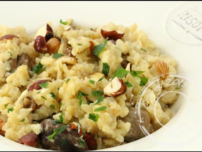 Risotto crémeux aux champignons et noisettes et son escalope de foie gras poêlé