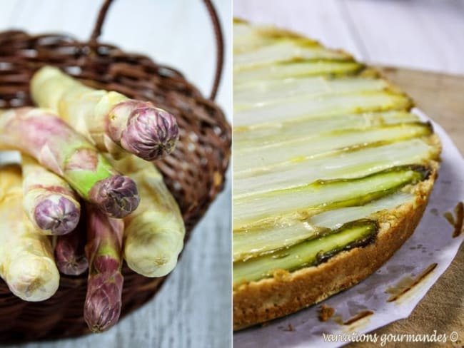 Fin gâteau d'asperges, vinaigrette huile d'olive et fleurs de thym