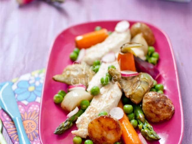 Aiguillettes de poulet à la crème, légumes printaniers