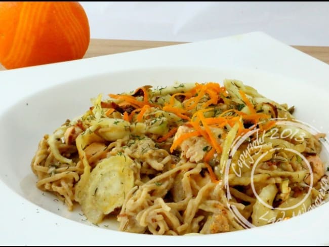 Tagliatelles au saumon, fenouil rôti et orange