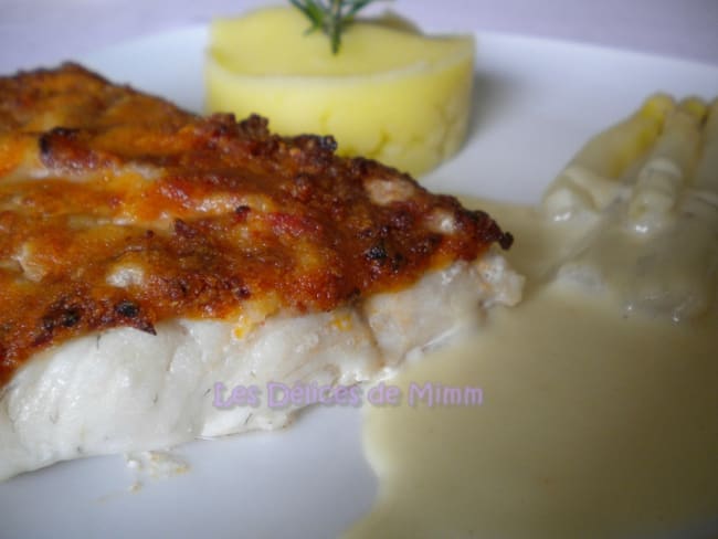 Filet de sandre en croûte de chorizo à la crème d’ail, purée de pommes de terre à l’huile d’olive