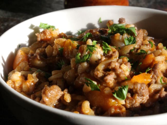 Risotto de boeuf hachés, poivron, figue et noisette