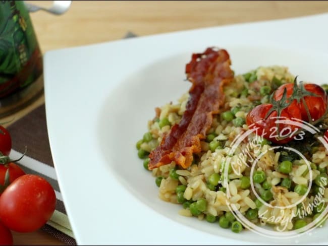 Risotto aux petits pois et sa chips de pancetta