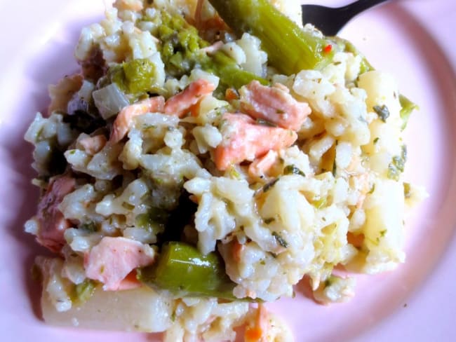 Risotto au saumon, asperges et salsifis