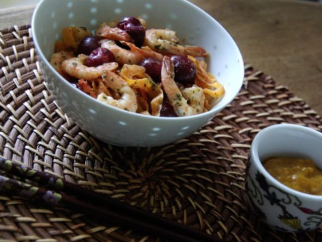 Wok de crevettes aux cerises et son chutney de mangue