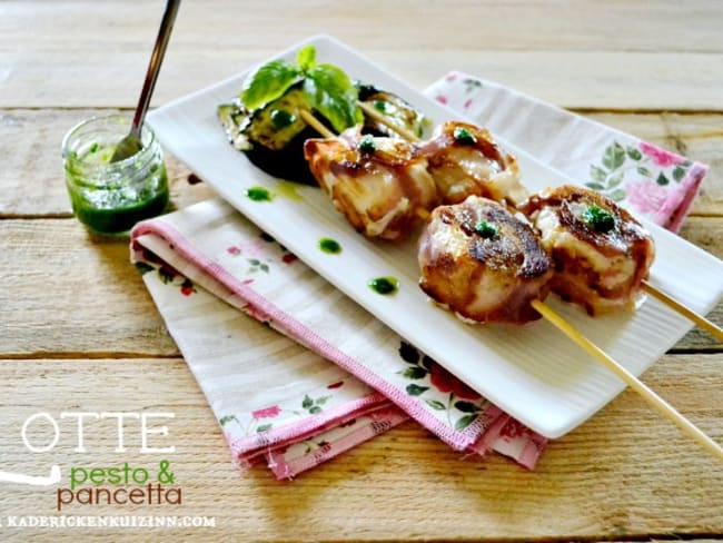 Plancha brochettes roulés de lotte au pesto et pancetta