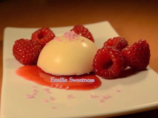 Dôme chocolat blanc fourré avec une mousse de framboises et un coeur de coulis de framboises