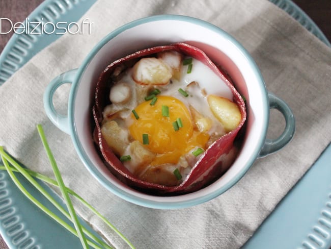 Oeuf cocotte Coppa, champignons, pommes de terre