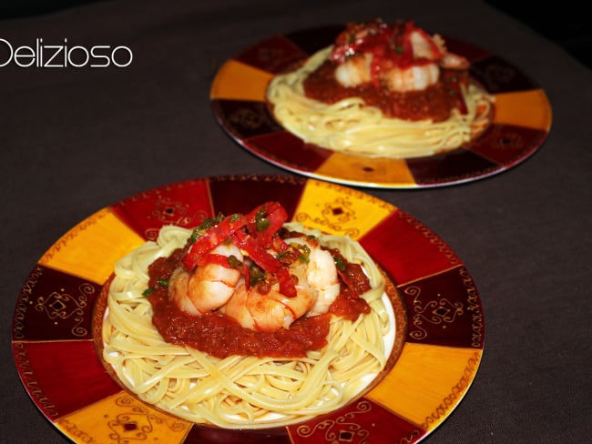 Linguine à la sauce tomate et Gambas au chorizo