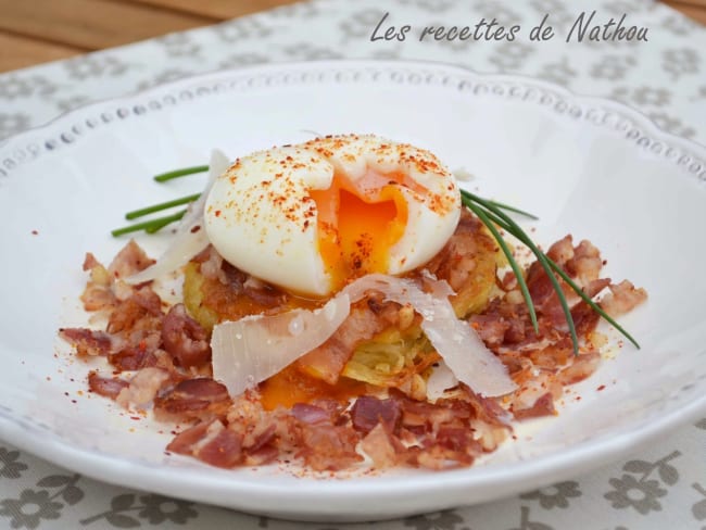 Galettes de pommes de terre et oeuf mollet "façon carbonara"