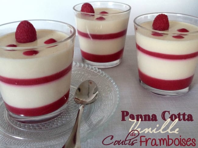 Panna cotta vanille et son coulis de framboises joliment présentée