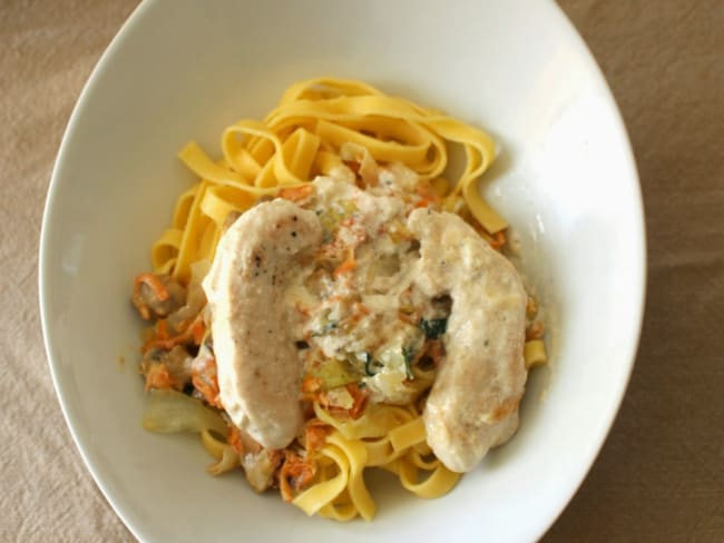 Tagliatelles aux poulet, carottes, choudou et champignons