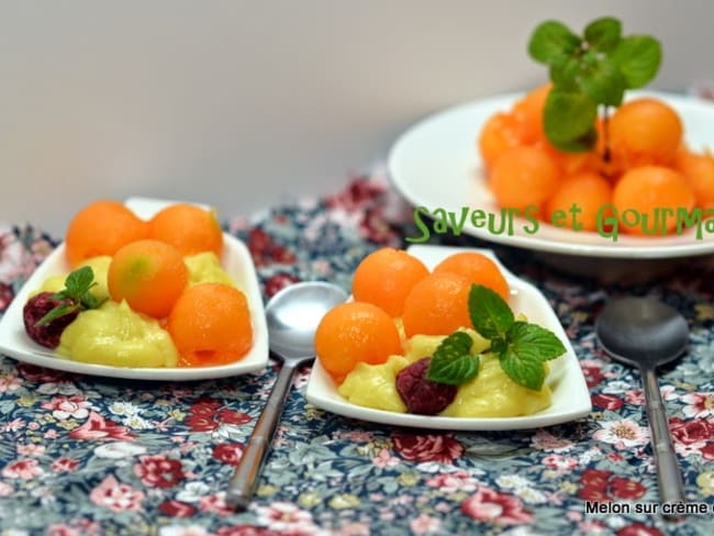 Billes de melon et framboises sur crème d'amandes