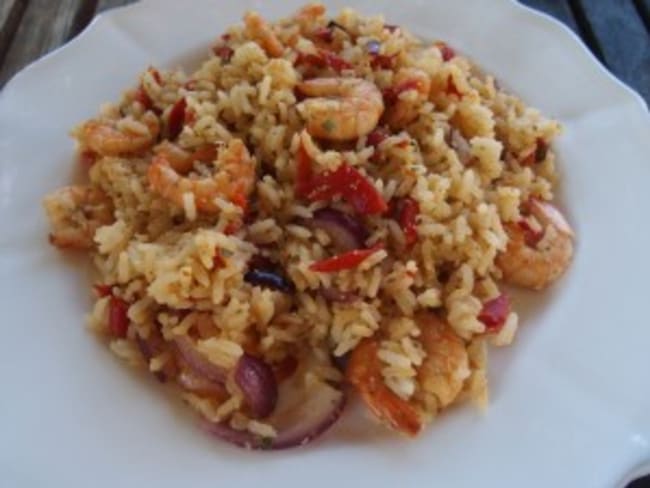 Riz aux crevettes à l’aïl et aux poivrons