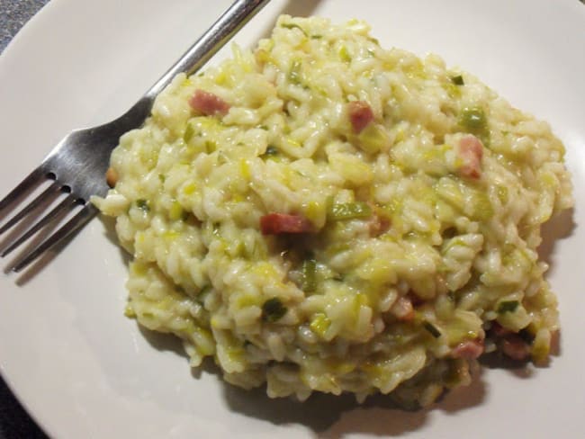 Risotto aux poireaux et aux lardons fumés