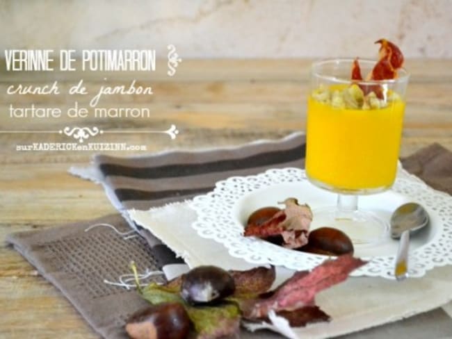 Verrines potimarron en velouté au chips de jambon et tartare de marron