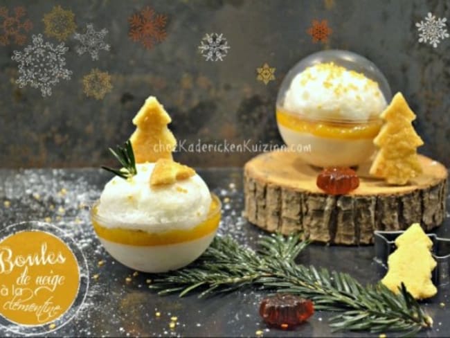 Boule de panna cotta à la fleur d'oranger, compotée de clémentine et oeuf à la neige