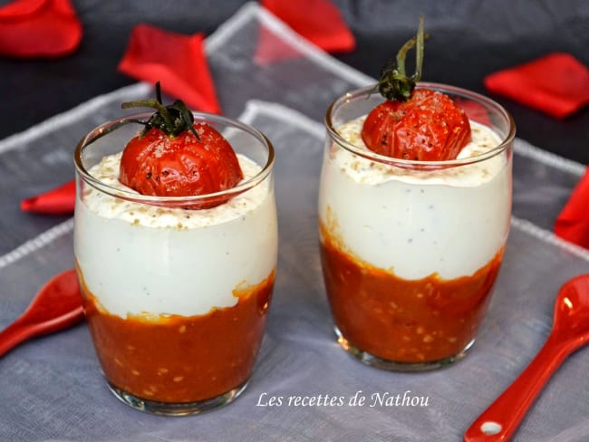 Verrines au chutney de tomates cerise, mousse de feta, fleur de sel aux épices grillées