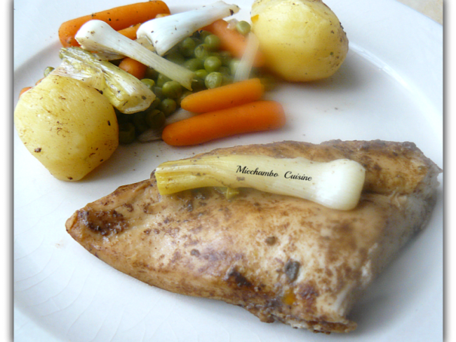 Poulet au vinaigre balsamique et légumes rôtis.