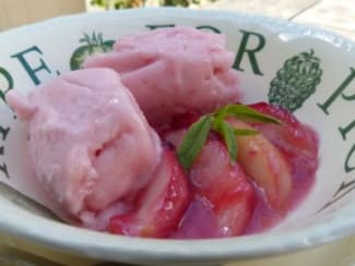 Sorbet de brugnons blancs sur lit de brugnons rôtis