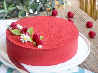 Morceau De Gâteau De Velours Rouge Festif Sur Piédestal Avec