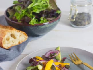 Salade avocat, mangue et oignon rouge