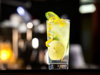 Un verre de cocktail au gin décoré avec rondelles de citron et concombre servi au bar