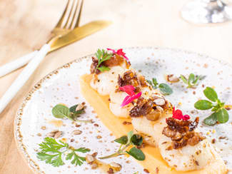 Noix de Saint-Jacques aux marrons et purée de patate douce