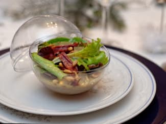 Panna cotta au foie gras, jeunes pousses, émincés de magret fumé